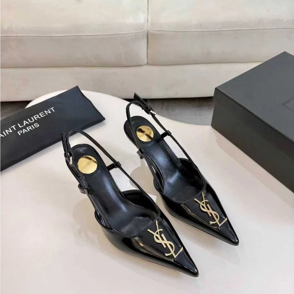 Saint Laurent Black Patent Slingback Heels with Gold Logo - Picture 2 of 7